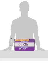 Purple maxi sanitary pad pack held next to height/width size markers (10 in, 24 cm).