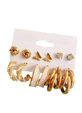 Gold-tone earring pack: twisted studs, butterfly charms, crystal studs, pearl hoop drops