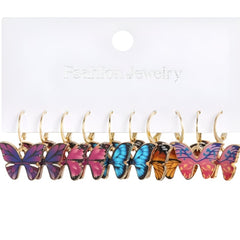 Huitich 5 piece dangle earrings for women featuring colorful butterfly designs on gold hoops