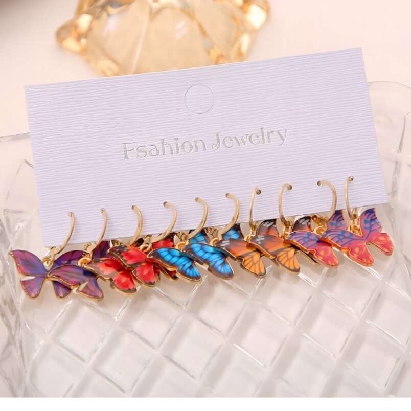 Huitich 5 piece dangle earrings for women featuring colorful butterfly designs in red blue orange and purple