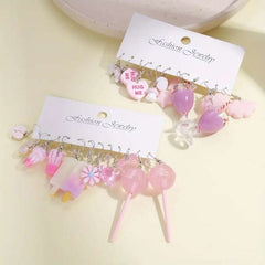 Huitich pink dangle charm earrings set featuring hearts, flowers, lollipops, and other playful designs
