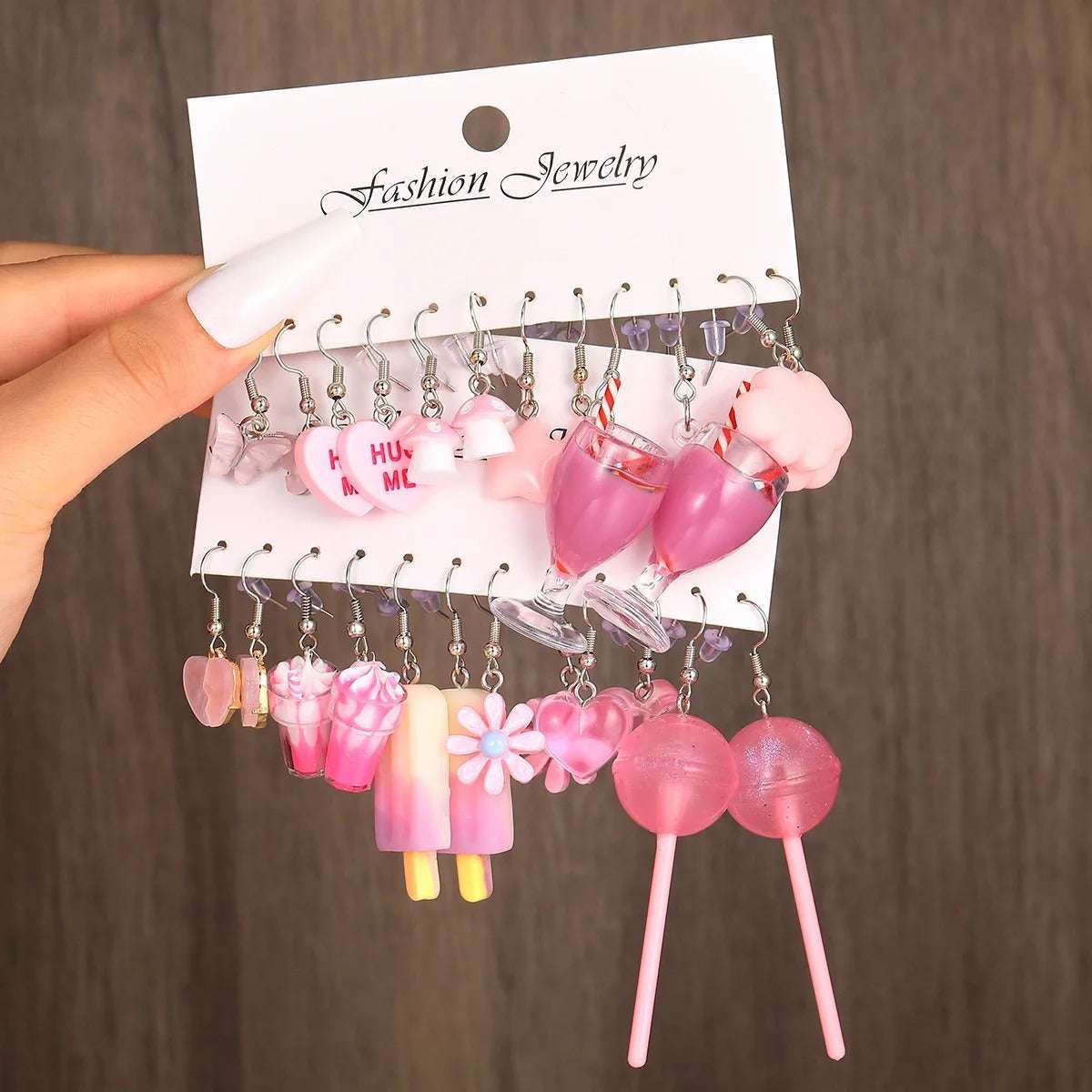 Huitich pink dangle charm earrings set featuring cute pink drink, heart, flower, and lollipop designs