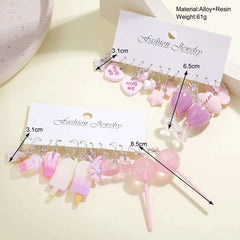 Huitich pink dangle charm earrings set with heart, star, and dessert designs in soft pastel pink