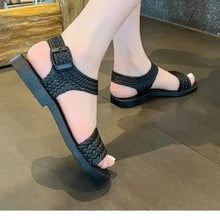 Huitich black sandals with braided crisscross straps, open toe and ankle strap
