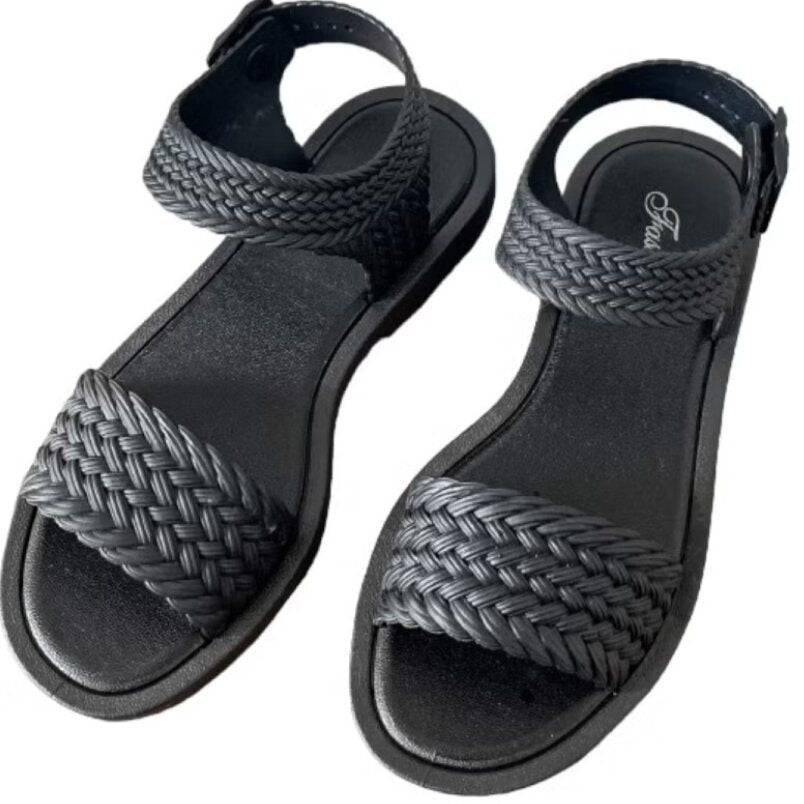 Huitich black braided fashion sandals for women sizes 40 41 with ankle strap and flat sole