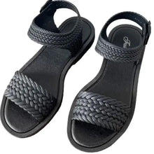 Huitich black woven sandals with open toe and ankle strap, braided textured straps
