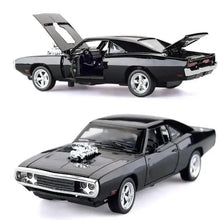 Black toy muscle car model with hood open, chrome wheels and engine detail