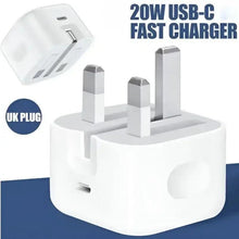 White 20W USB‑C charging adapter with UK plug prongs and USB‑C port
