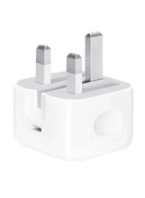 White 20W USB‑C wall charger base with UK plug prongs and side USB‑C port