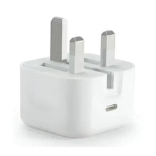 White UK plug wall charger with three-prong base and USB‑C port