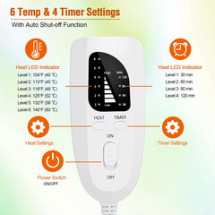 Faylor controller remote showing 6 temp levels and 4 timer settings for electric heating pad for pain relief
