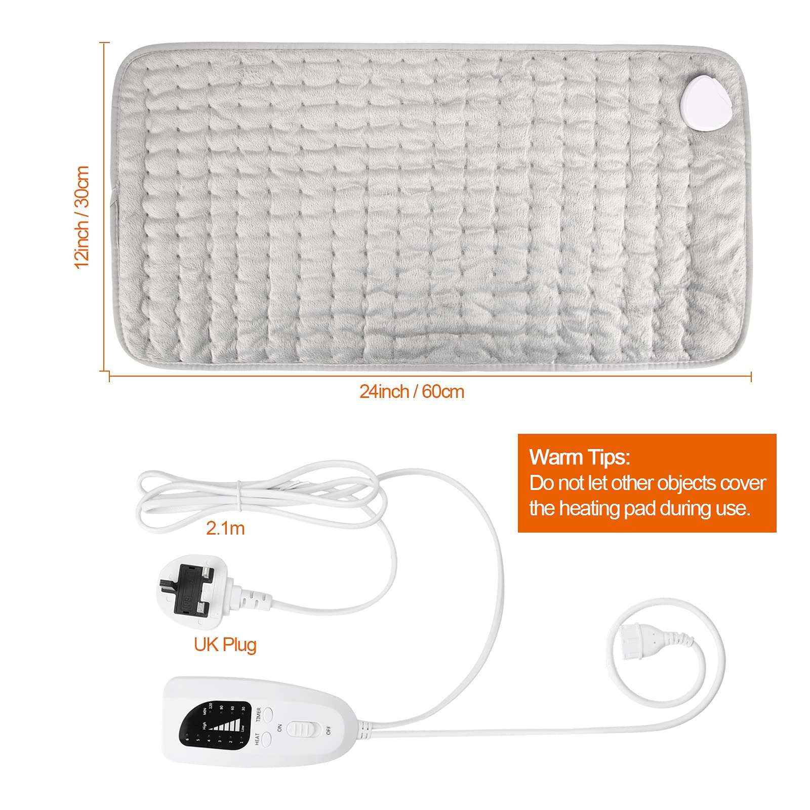 Faylor gray quilted 24x12 inch electric heating pad for pain relief with UK plug and wired controller