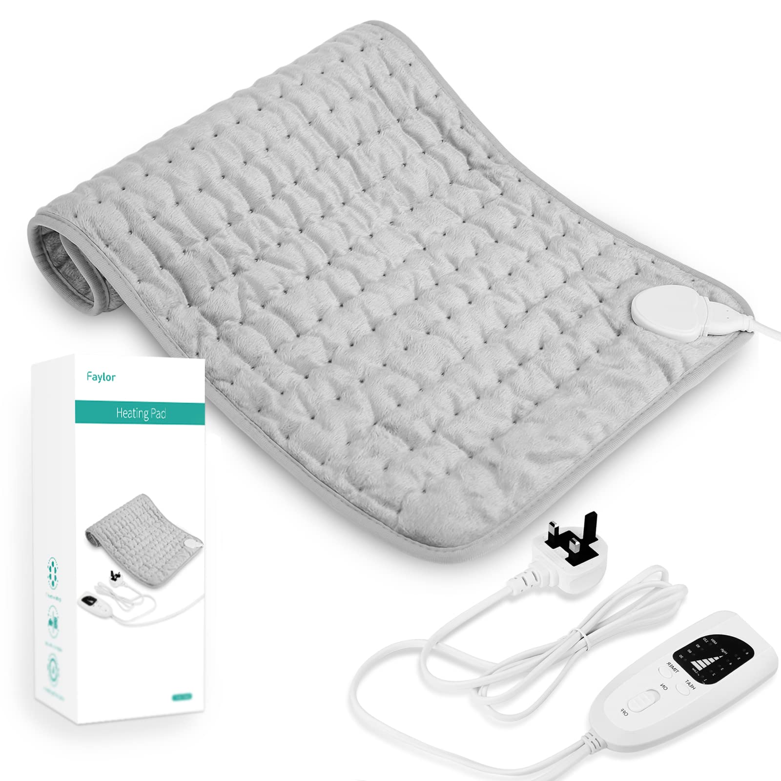 Faylor gray quilted electric heating pad for pain relief with digital controller and power cord