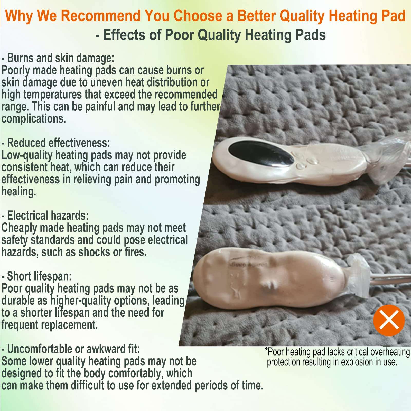 Product quality comparison image showing damaged heating pads and warnings Faylor electric heating pad for pain relief info