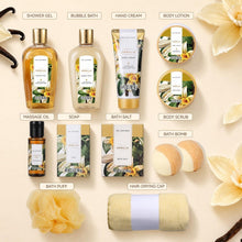 Vanilla spa gift set assortment with shower gel, lotion, soap, bath salt and scrub