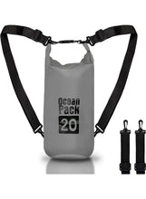 Grey waterproof PVC dry bag with black double shoulder straps, Ocean Pack 20L