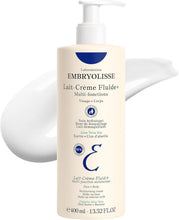Embryolisse Lait-Crème Fluid+ moisturizer bottle with pump and cream swatch