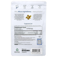 L-methylfolate supplement pouch back with Supplement Facts and QR code