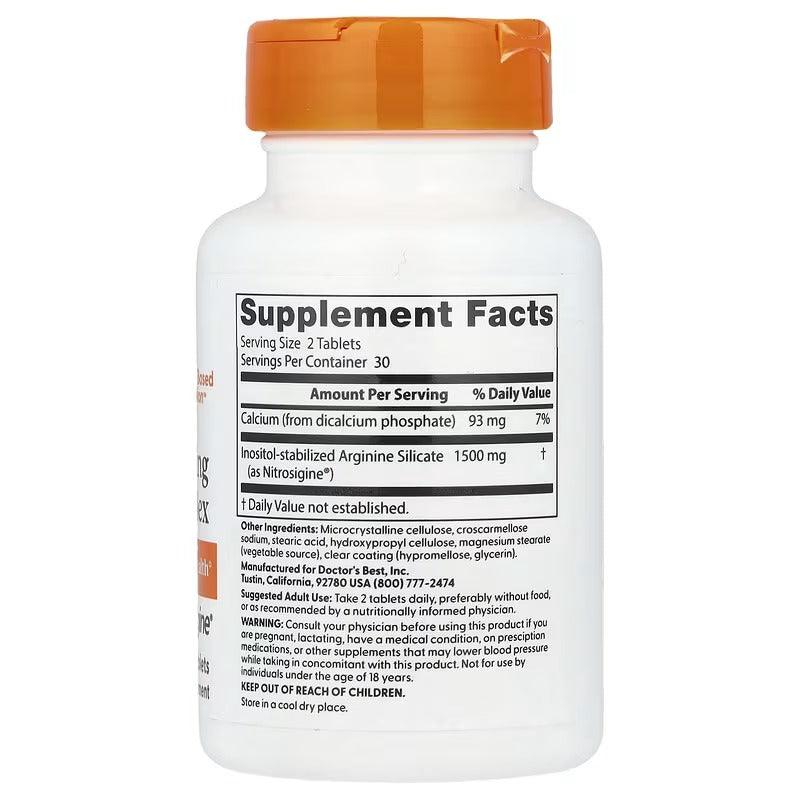 Arginine complex supplement bottle with orange cap and Supplement Facts label