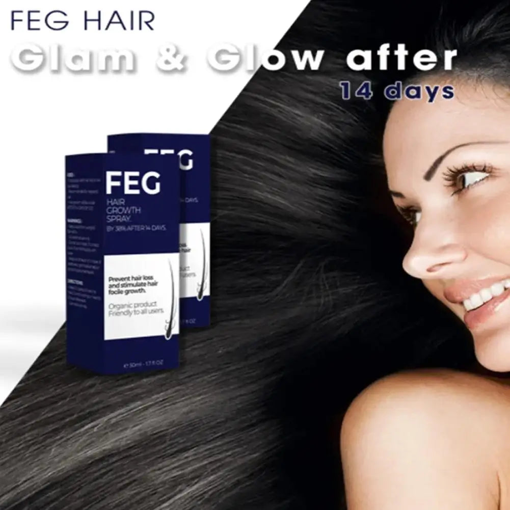 FEG hair growth oil spray packaging with healthy shiny hair showcasing 14 days of results