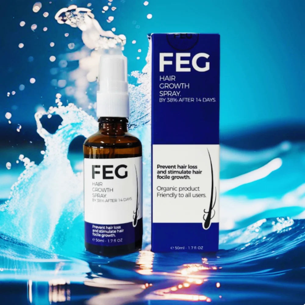 FEG hair growth spray for hair loss in a brown bottle with a spray nozzle against a water background