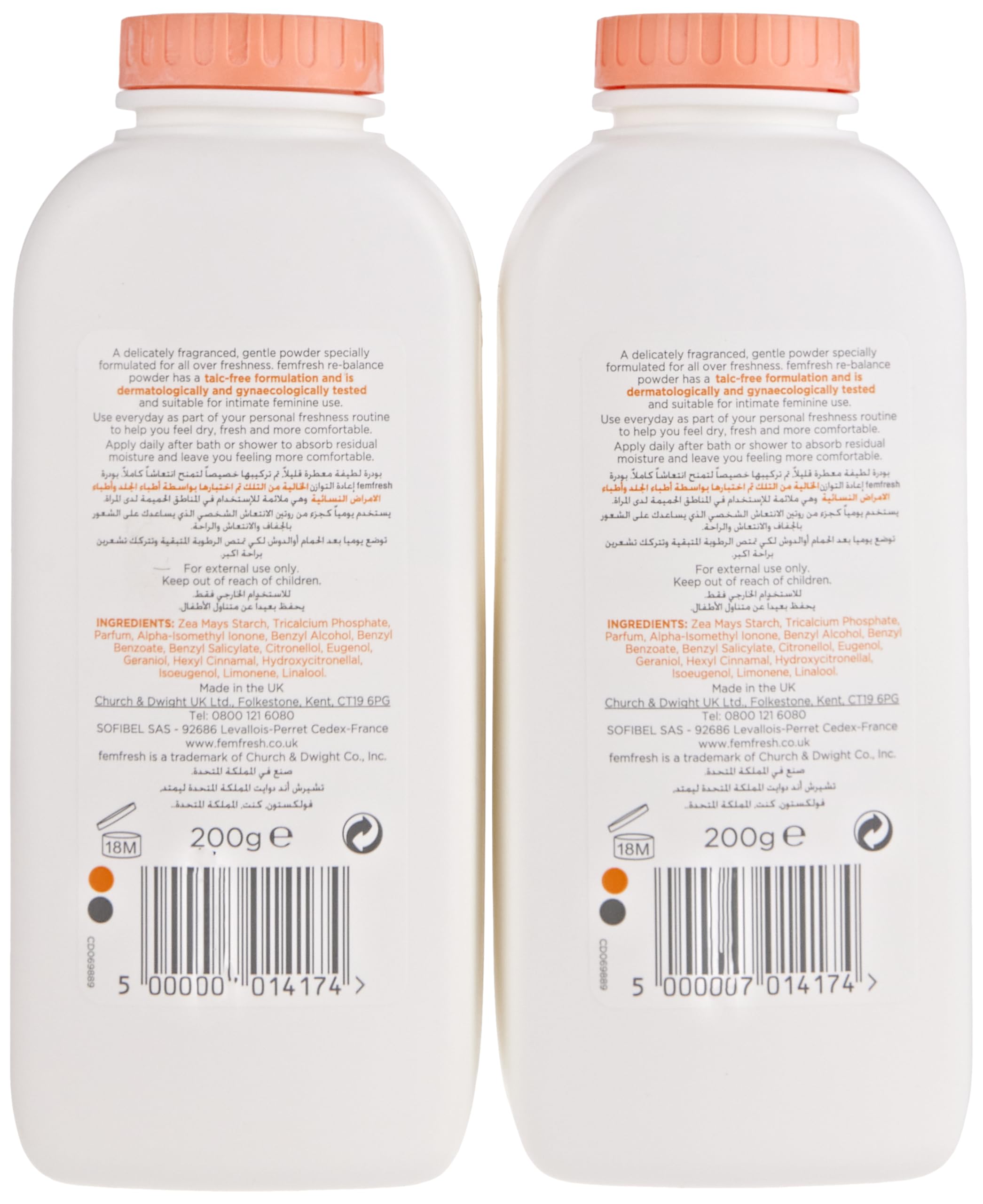 Two white 200g bottles of feminine hygiene powder UAE with peach caps showing back labels and barcodes