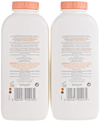 Two white 200g bottles of feminine hygiene powder UAE with peach caps showing back labels and barcodes