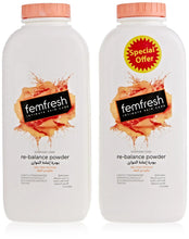 Femfresh re-balance powder twin pack, two white 200g bottles with Special Offer badges