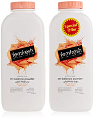 Two Femfresh re balance powder bottles with peach caps and Special Offer sticker feminine hygiene powder UAE