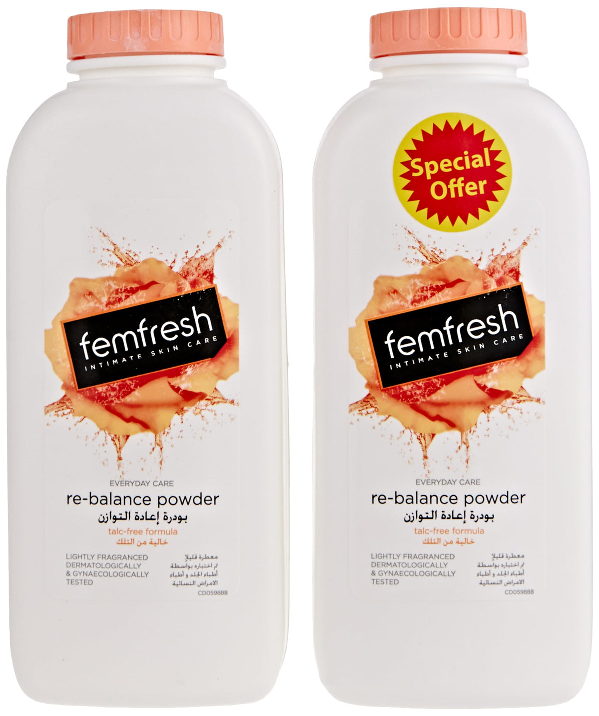 Femfresh re balance powder twin bottles with peach caps everyday care special offer label feminine hygiene powder UAE