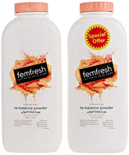 Femfresh re-balance powder twin pack, two white 200g bottles with pink caps