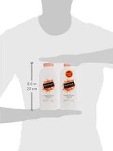 Femfresh re-balance powder twin pack, two white 200g bottles in hand with size guide