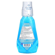 Alcohol-free clean mint mouthwash bottle with back label and blue liquid