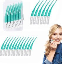 Green boxed disposable dental floss picks with soft interdental brush tips, teal bristles