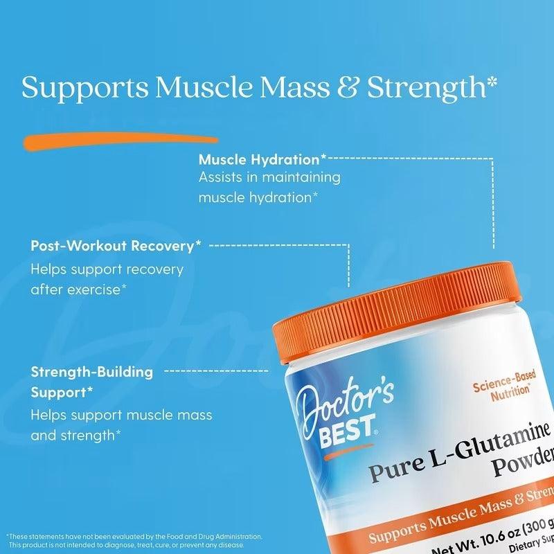 Doctor's Best Pure L-Glutamine Powder jar with orange cap, angled label