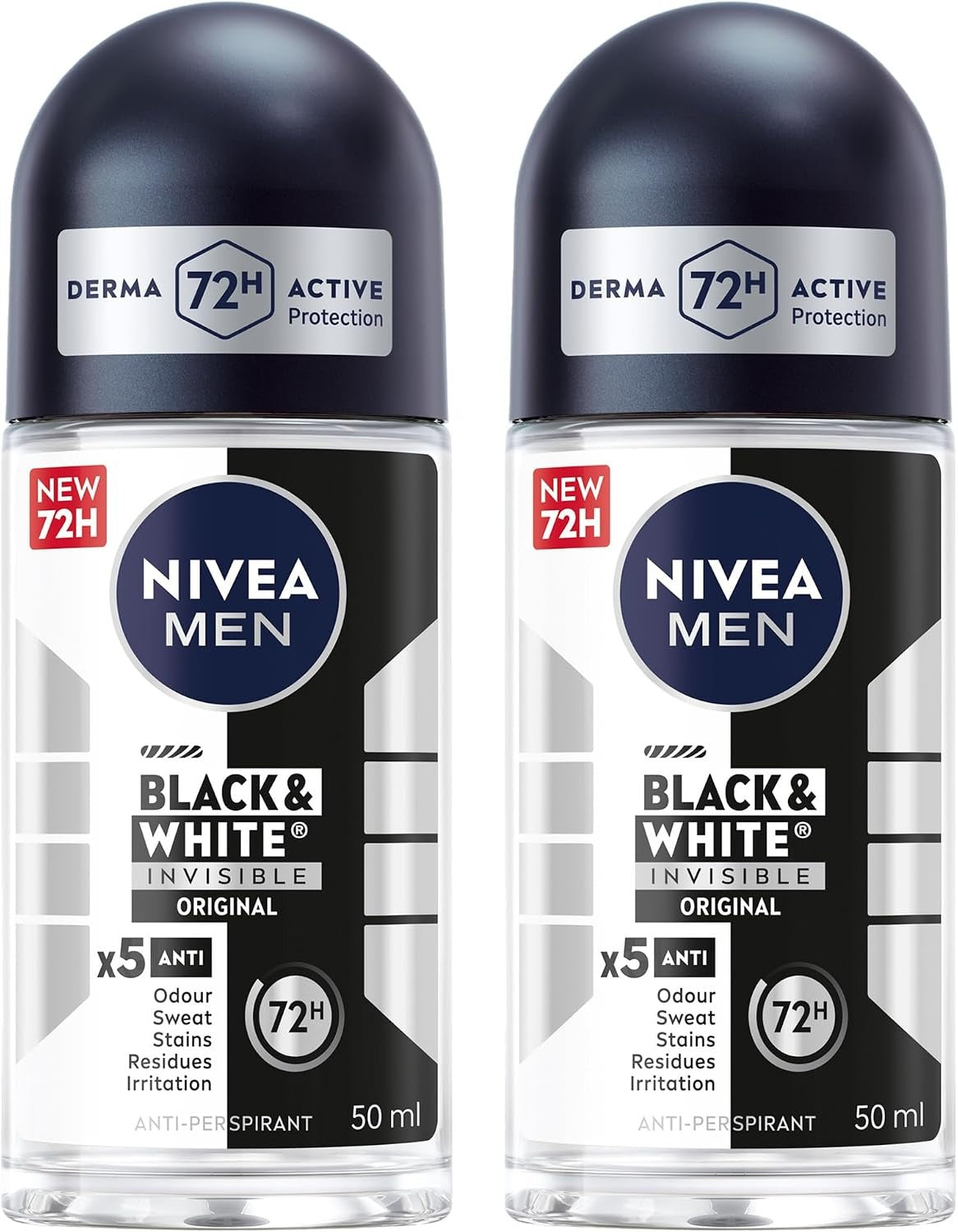 NIVEA MEN Antiperspirant Roll-on for Men, Black & White Invisible Protection Original, 2x50ml
