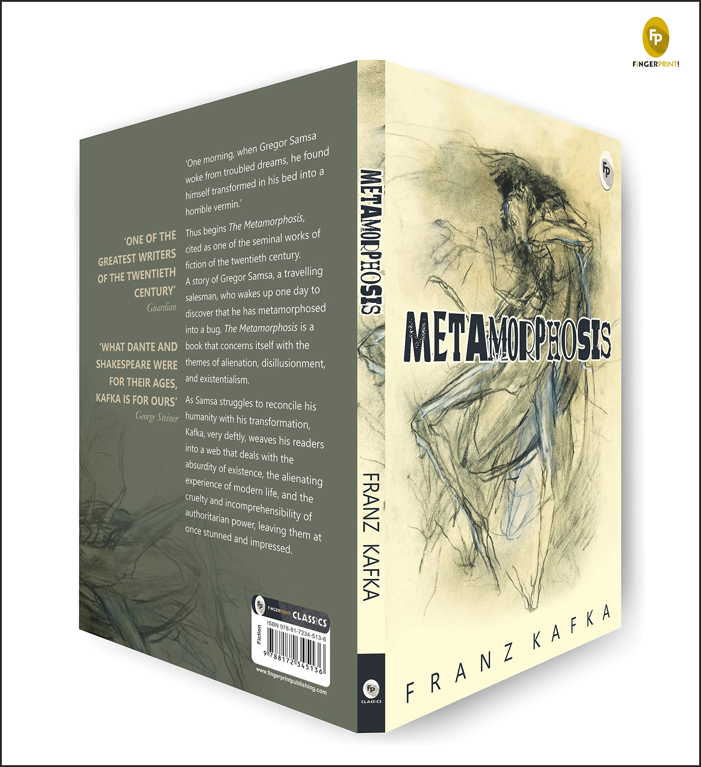 Order Metamorphosis English edition book by Franz Kafka with sketch cover art of a transforming figure