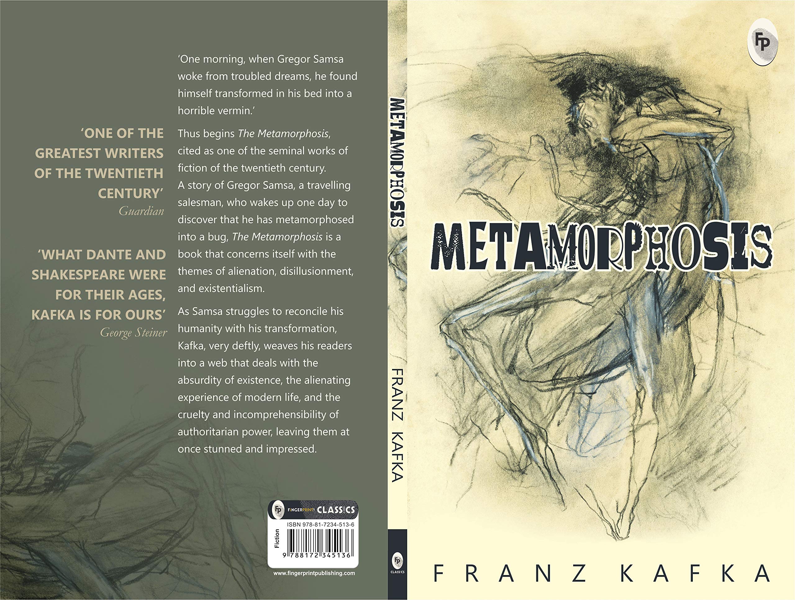 Order Metamorphosis English edition book cover by Franz Kafka with abstract drawing of a human figure in distress