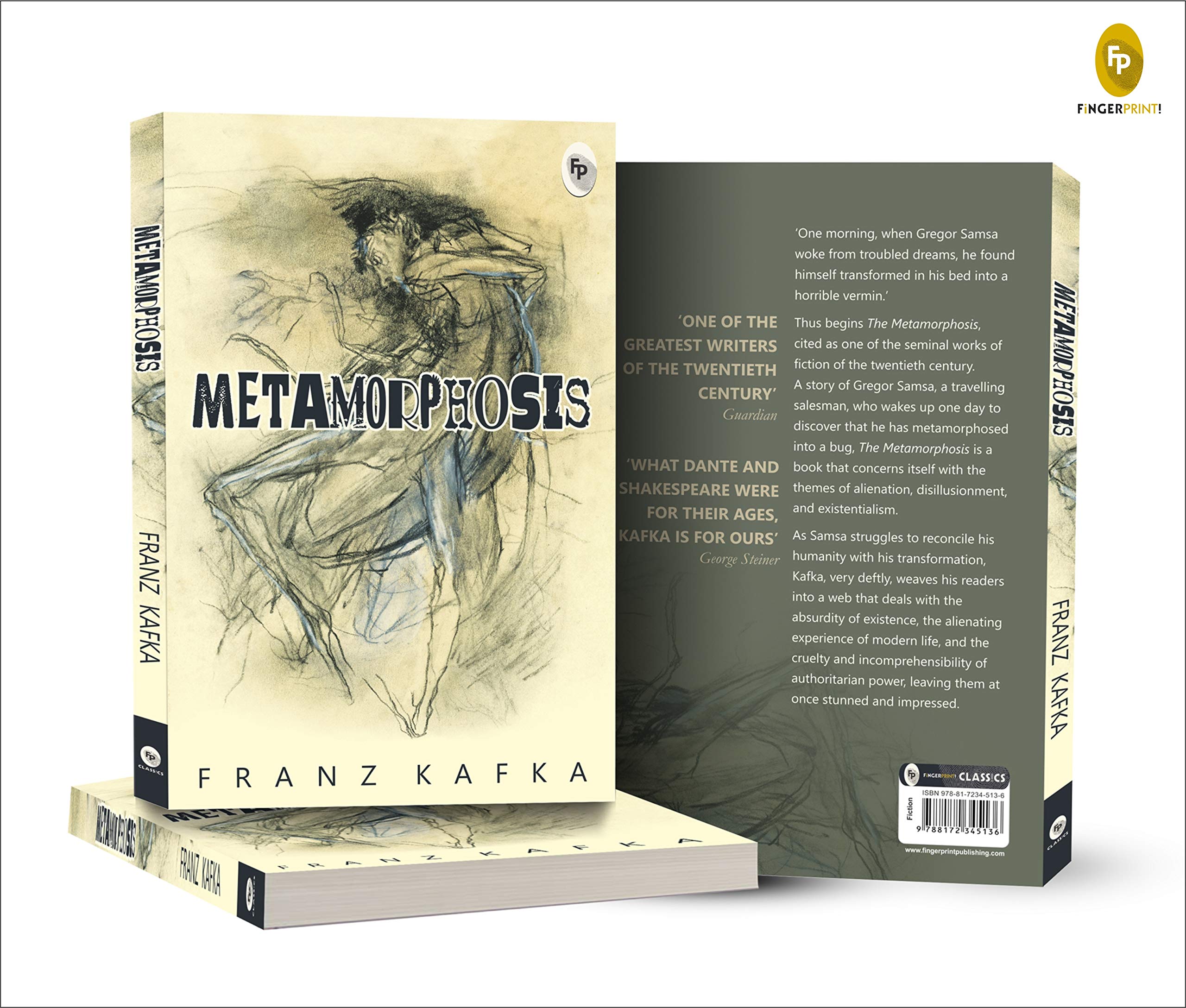 Order Metamorphosis English edition by Franz Kafka front and back cover displaying artistic sketch and summary