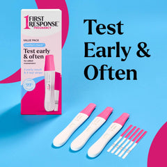 First Response pregnancy test UAE box with three pink and white midstream tests and five test strips on blue background