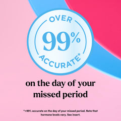 First Response pregnancy test UAE showing over 99 percent accurate badge on pink background stating on day of missed period