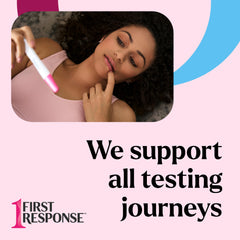 Woman lying on pink background looking at a pregnancy test First Response pregnancy test UAE ad