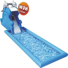 Blue inflatable fish water slide pool with side chute and splash pool channel
