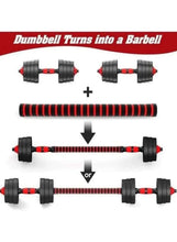 Adjustable dumbbell system converting to barbell, with red striped bar and black plates