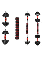 Adjustable dumbbell set showing different assembled weights, black plates with red rings