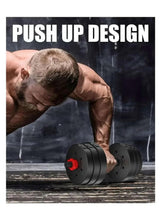 Pair of adjustable dumbbells with black plates and red pins on floor during push-up