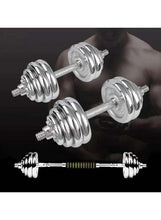 Pair of chrome adjustable dumbbells with stacked plates and straight handles