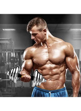 Model performing curls with chrome adjustable dumbbells and stacked weight plates