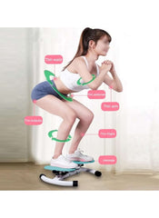 Woman using 360 degree waist twister with resistance bands exercising to tone waist and thighs