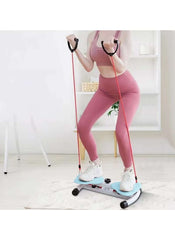 Woman using 360 degree waist twister with resistance bands for full body workout at home